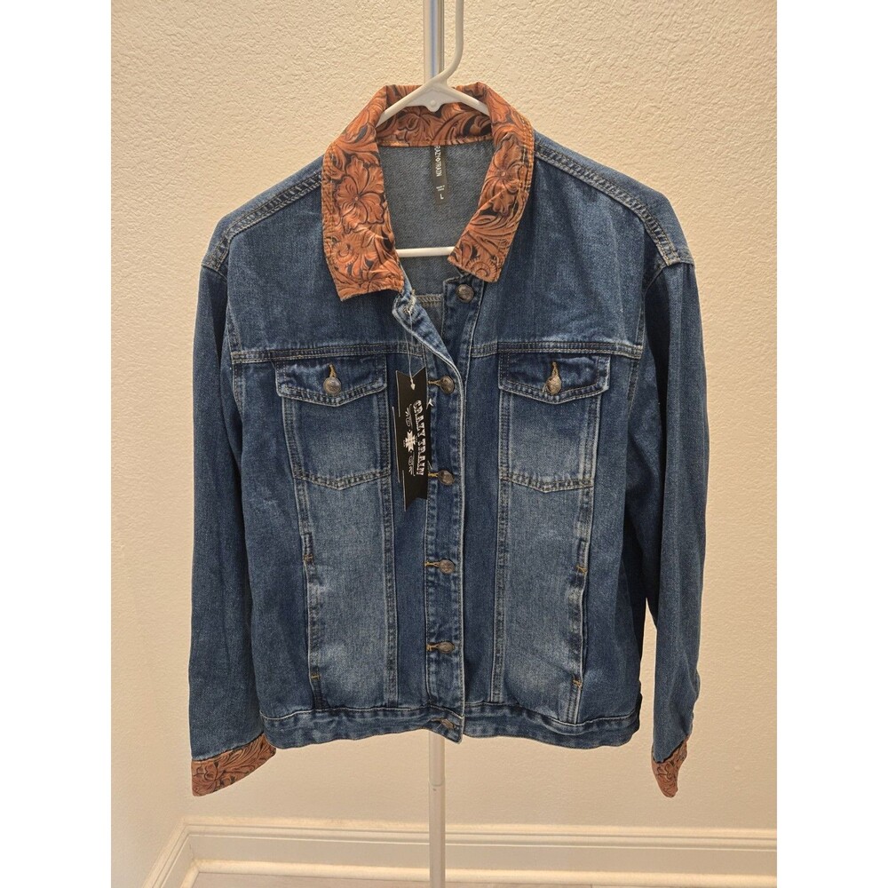 Crazy Train Denim Jacket Tool Leather Print Collar Cuffs Medium Wash Women L NWT